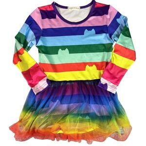 Kids Rainbow Cat Tulle Dress Long Sleeve Size 110 Tutu Rainbow Dropwaist